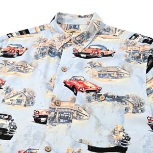 Joe Marlin Aloha Shirt Men's Medium S/S Rayon Classic Corvettes Retro Diner AOP